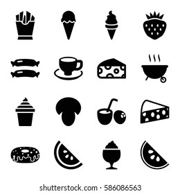 Set of 16 tasty filled icons such as sausage, mushroom, cheese, ice cream, french fries, ice cream in can, donut, milkshake, coffee cup, strawberry