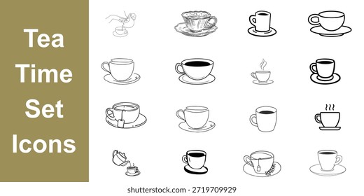 Conjunto de 16 iconos de línea de taza de té y taza de café para la marca de cocina y menús