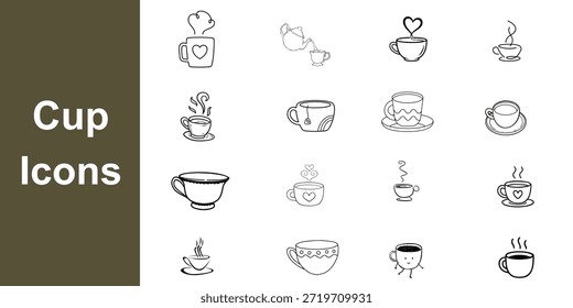 Conjunto de 16 iconos de línea de taza de té y taza de café para la marca de cocina y menús