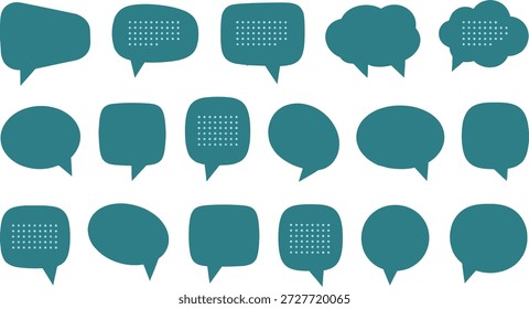 Un conjunto de 16 burbujas de discurso verde azulado en diferentes Formas y tamaños, algunos con patrones de cuadrícula, sobre un fondo blanco