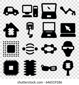 set of 16 tech filled icons such as laptop, cpu, chip, pc, robot arm, cpu