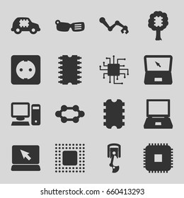 Set of 16 tech filled icons such as laptop, cpu, chip, plug socket, pc, robot arm, cpu