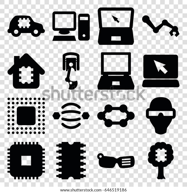 set of 16 tech filled icons such as laptop, cpu,\
chip, pc, robot arm, cpu