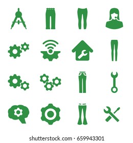 set of 16 technical filled icons such as compass, woman pants, wrench, gear, wrench and screwdriver, customer support, home repair