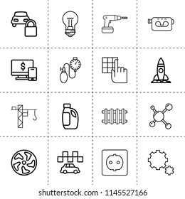 Set of 16 technology outline icons such as pc, alloy wheel, car oil, rocket, taxi, car lock, bulb, tower crane, video camera, radiator, socket, drill, pressing the button