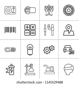 Set of 16 technology outline icons such as harvester, gear, bearing, spark coil, bulb, 24/7 car service, video camera, 3d glasses, vinyl player, pipe, vr, test tube, barcode