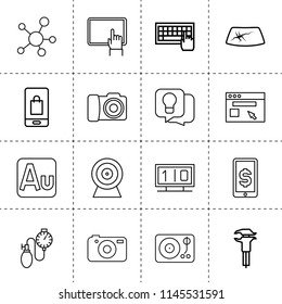 Set of 16 technology outline icons such as caliper, car window repair, keyboard, idea, vinyl player, social network, browser, tablet, camera, dollar sign on phone, web camera