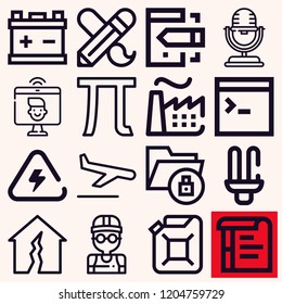 Set Of 16 Technology Outline Icons Such As Nuclear Plant, Electricity, Lamp, Battery, Car Oil, Microphone, Architect, Earthquake, Pi, Landing, Tools, Videocall, Coding