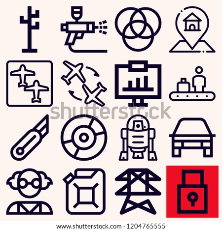 Set of 16 technology outline icons such as gps, power line, car painting, car oil, flight, r d, conveyor, rgb, cutter, mad scientist, car, analytics, rack, padlock Stock fotó © 