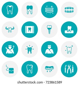 Set Of 16 Teeth Icons Set.Collection Of Roentgen, Orthodontist, Tooth And Other Elements.