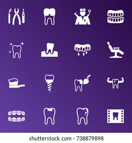 Set Of 16 Teeth Icons Set.Collection Of Brace, Roentgen, Stabilize And Other Elements.