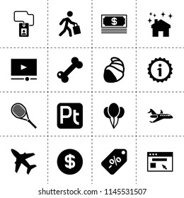 Set of 16 template filled icons such as house clean, badge, balloon, browser, pt, video player, money, sale, tennis, man with shopping bag, information, dog bone, shell