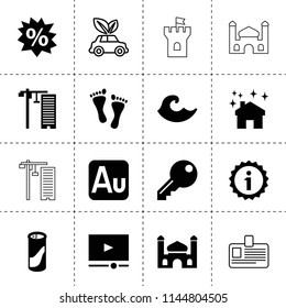 Set of 16 template filled and outline icons such as house clean, cleaning powder, skyscraper building, au, video player, sale, wave, information, key, footprint, mosque