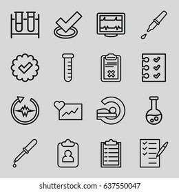 set of 16 test outline icons such as heartbeat, test tube, pipette, mri, check list, clipboard, checklist, tick