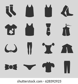 set of 16 textile filled icons such as tent, bra, dirty laundry, socks, female underwear, singlet, underpants, blouse, pants, tie