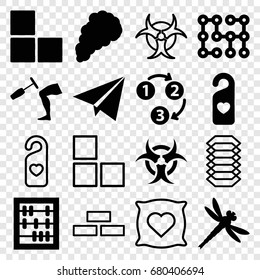 set of 16 texture filled and outline icons such as brick wall, heart tag, knee hammer reaction check, smoke, 1 2 3, paper plane, electric circuit, dragonfly