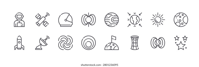 set of 16 thin line astronomy icons featuring astronaut, space shuttle, space station, satellite dish, helmet, milky way, pulsar, doppler effect, exoplanet. editable stroke vector