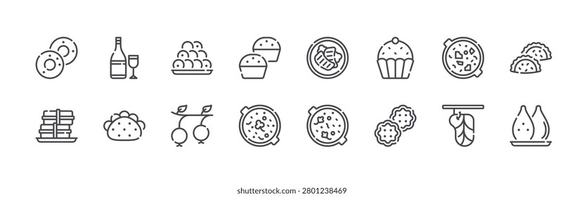 set of 16 thin line brazilian food icons including biscoito globo, pamonha, cachaza, acaraje, pao de queijo, araca piranga, empada, bobo de camarao, churrasco. editable stroke vector