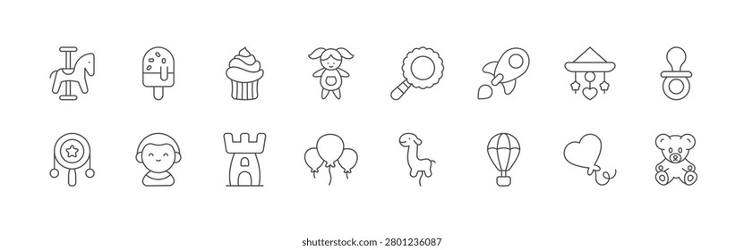 set of 16 thin line children day icons featuring carrousel, rattle drum, ice cream, baby boy, cupcake, sandcastle, doll, balloon, rattle. editable stroke vector illustration isolated on white