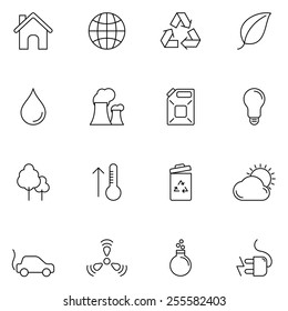 Set of 16 thin line ecology and environment icons