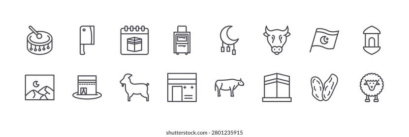 set of 16 thin line eid al adha icons featuring drum, image, knife, kaaba, calendar, goat, suitcase, kabah, decoration. editable stroke vector illustration isolated on white