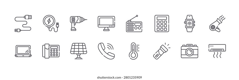 set of 16 thin line electronics icons featuring usb cable, laptop, wireless charger, telephone, drill, solar system, desktop computer, call reserve, radio. editable stroke vector