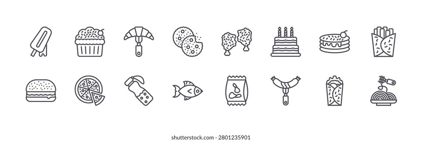 set of 16 thin line fast food icons featuring popscicle, burger, muffin, pizza, croissant, bottle, biscuits, fish, nuggets. editable stroke vector illustration isolated on white