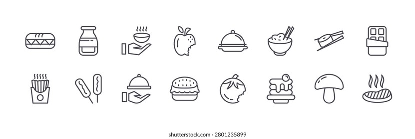 set of 16 thin line food icons featuring hotdog sausage, french fries, bottle, sausage, soup bowl, room service, , burger, room service. editable stroke vector illustration isolated