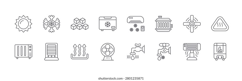 set of 16 thin line heat and cooling icons featuring sun, oil heater, snowflake, electric heater, ice cube, heat, freezer, fan, air conditioner. editable stroke vector illustration isolated