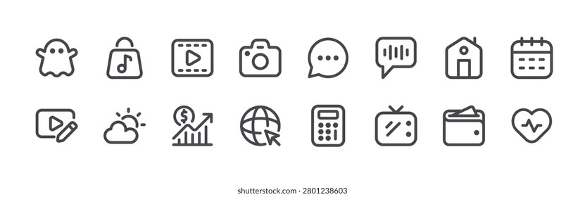 set of 16 thin line line homescreen icons including ghost, video editing, music store, weather, movie, stock exchange, camera, browser, speech bubble. editable stroke vector illustration