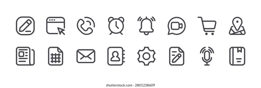 set of 16 thin line line homescreen icons including note, news, web browser, spreadsheet, telephone, mail inbox, clock, contact, reminder. editable stroke vector illustration isolated on white