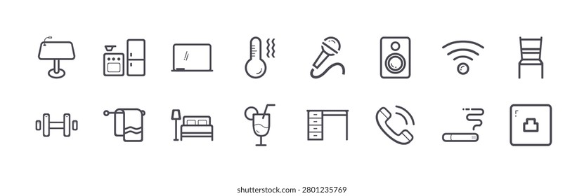 set of 16 thin line hotel airbnb icons featuring presentation, fitness, kitchen, therapy, whiteboard, bed, hot, drink, speaker. editable stroke vector illustration isolated on white