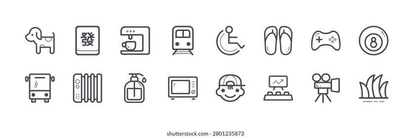set of 16 thin line hotel icons featuring pet, bus, playingcard, heater, coffee maker, hand sanitizer, metro, microwave, accessibility. editable stroke vector illustration isolated on white
