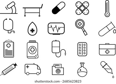Set of 16 thin line icons representing Medical, Health, and Science concepts. Essential symbols including stethoscope, ambulance, pill, and first aid kit.
