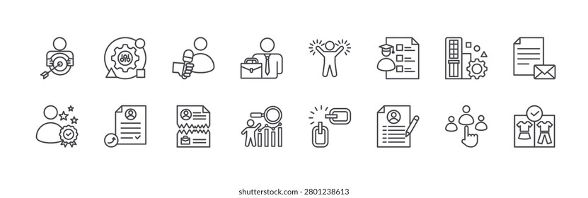set of 16 thin line interview icons including goals, professionalism, adaptability, reference, interviewee, termination, employment, analytics, body language. editable stroke vector illustration