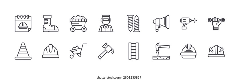 set of 16 thin line labour day icons featuring calendar, traffic cone, boots, hard hat, wheel, wheel barrow, welder, hammer, screws. editable stroke vector illustration isolated on white
