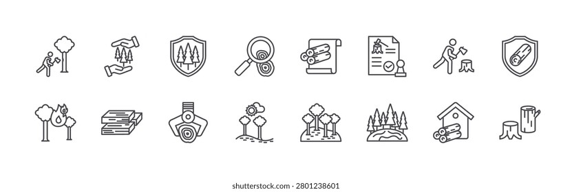 set of 16 thin line lumberjack icons including logging, forest fire, forest conservation, wood, preservation, loader, timber, forest, pulp. editable stroke vector illustration isolated on white