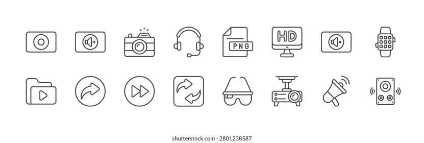 set of 16 thin line multimedia icons including record button, video folder, volume up button, share, camera, skip forward, headphones, repeat, png. editable stroke vector illustration