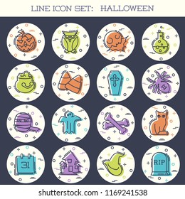 Set of 16 thin line style flat icons with a Halloween theme. 