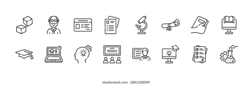 set of 16 thin line university icons including cube, cap, dean, part time, student card, skill, planning, classrom, microscope. editable stroke vector illustration isolated on white