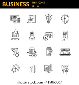 Set of 16 thin line vector business icons, business management, strategy, career progress and business process. Mono line pictograms and infographics design elements