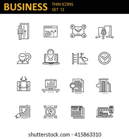 Set of 16 thin line vector business icons, business management, strategy, career progress and business process. Mono line pictograms and infographics design elements