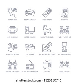 set of 16 thin linear icons such as wii gamepad, old tv, radio with antenna, big walkie talkie, little gameboy, mic with long cable, tee power from technology collection on white background, outline