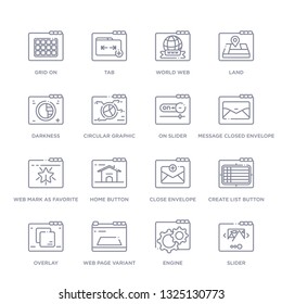 set of 16 thin linear icons such as slider, engine, web page variant, overlay, create list button, close envelope, home button from web collection on white background, outline sign icons or symbols