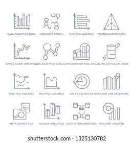 set of 16 thin linear icons such as pie chart analysis interface, data interconnected, 3d data analytics dual bars, data search for interface, bars and line ascending of analytics, analysis pie