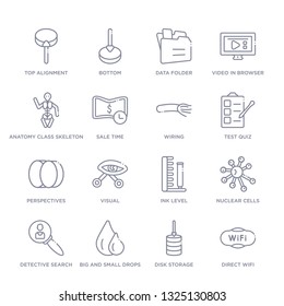 set of 16 thin linear icons such as direct wifi, disk storage, big and small drops, detective search, nuclear cells, ink level, visual from user interface collection on white background, outline