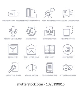 set of 16 thin linear icons such as settings cogwheel button, telephone keypad, volume button, magnifying glass search button, crop open diary, open letter read email from user interface collection