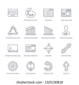 set of 16 thin linear icons such as slim up, rotate left, opposition, right settings, expand tool, archer, window graphic from user interface collection on white background, outline sign icons or