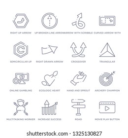 set of 16 thin linear icons such as movie play button, road, increase success, multitasking worker, archery champion, hand and sprout, ecologic heart from user interface collection on white