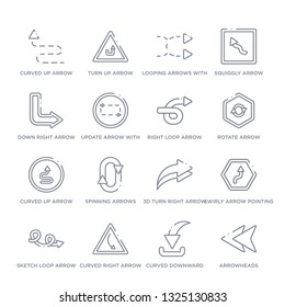 set of 16 thin linear icons such as arrowheads, curved downward arrow, curved right arrow, sketch loop arrow, swirly arrow pointing upwards, 3d turn right spinning arrows from user interface